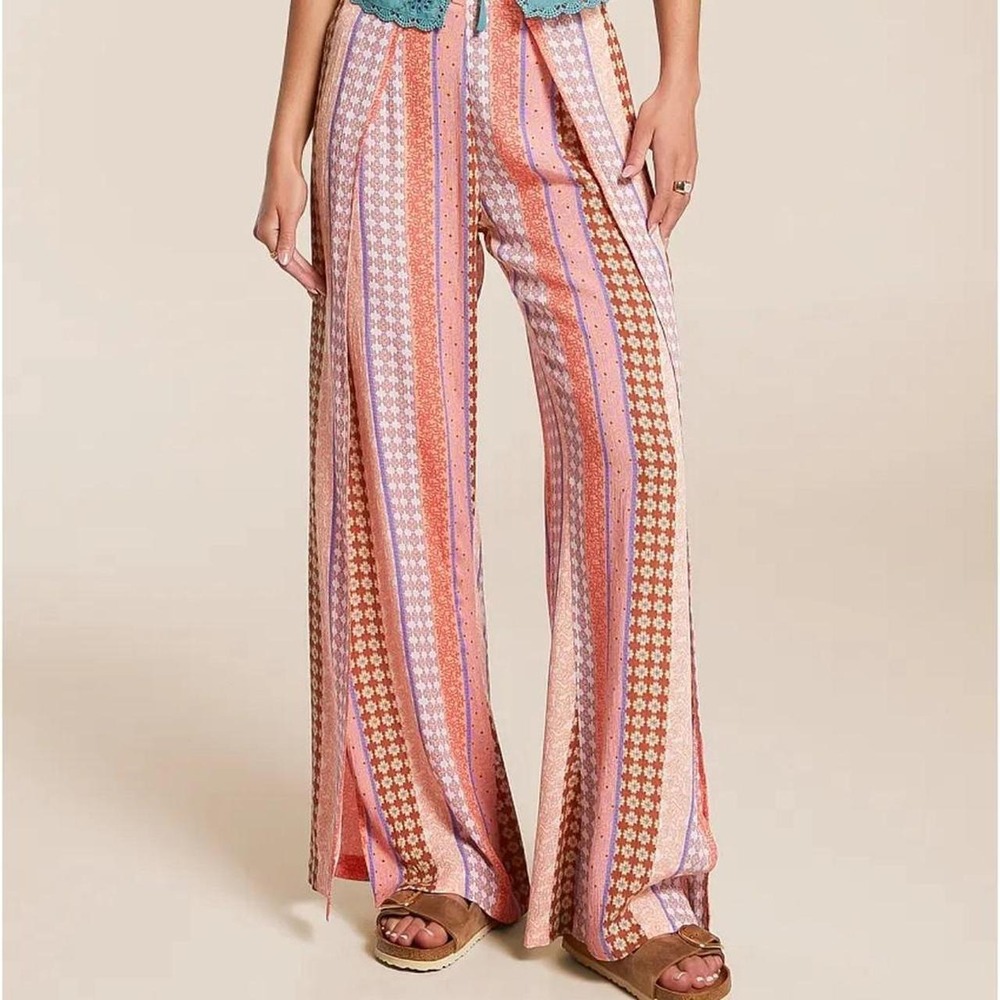 Split Spirit Wide Leg Pant Pink, orange, and brown vertical stripes